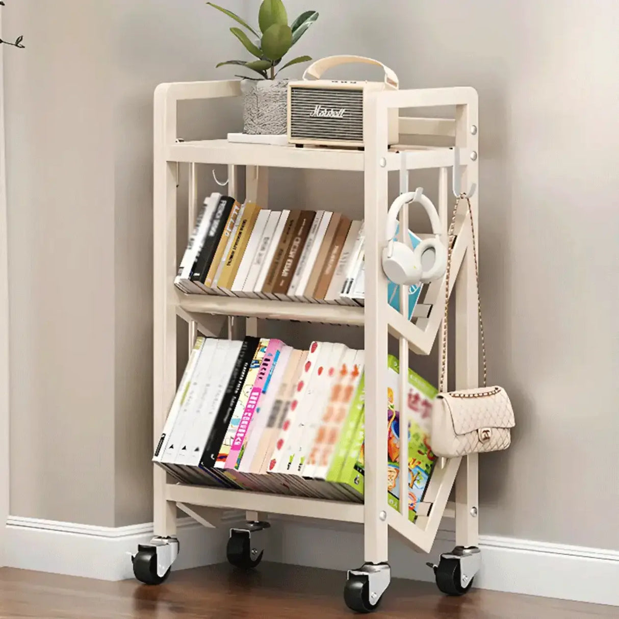 Cream Steel 3-Tier Shelves Utility Cart with 4 Casters Image - 7