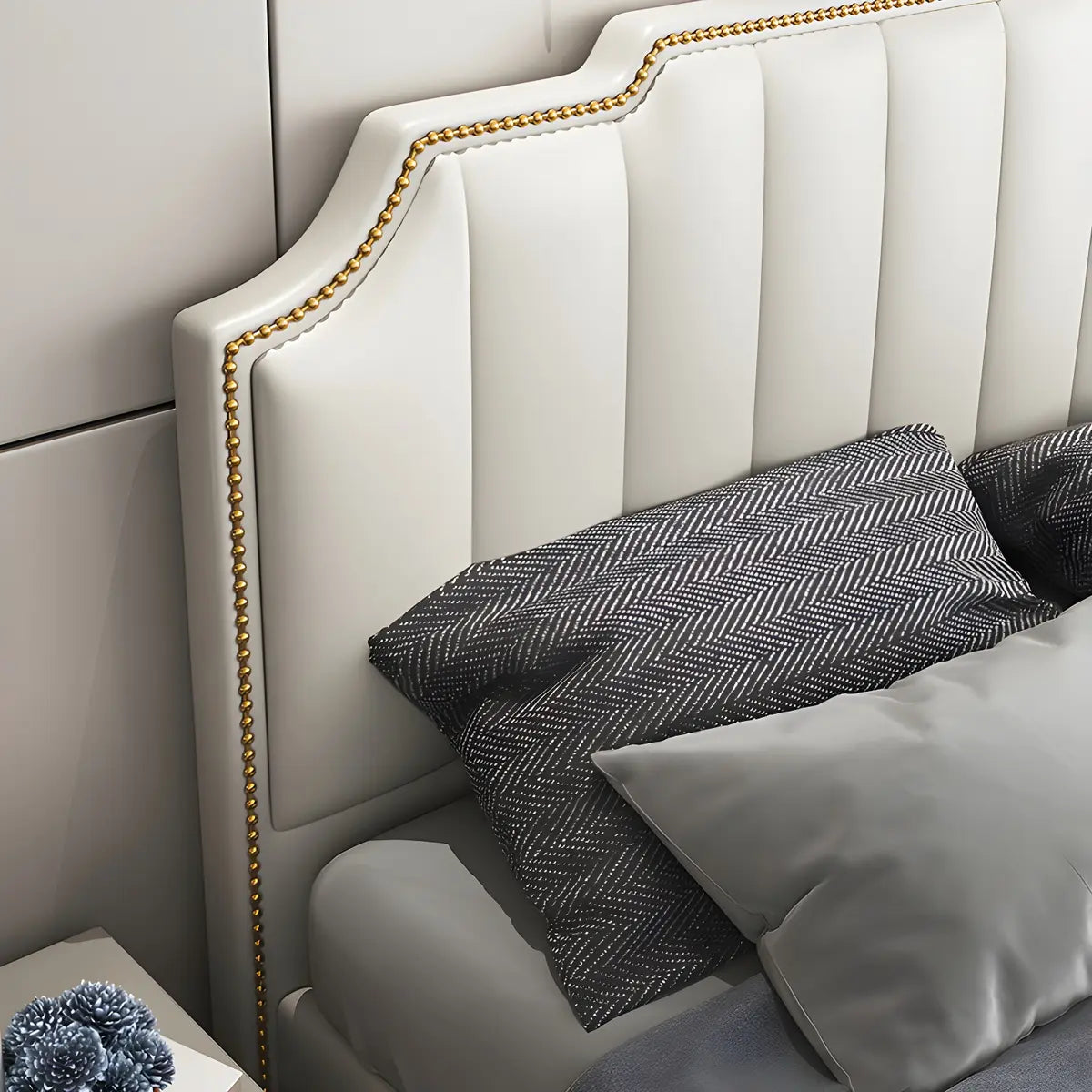 Cream Upholstered Stepped Headboard with Nailhead Trim Image - 10