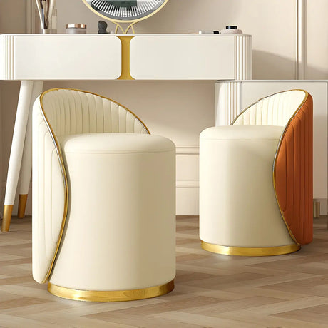 Cream White Round Wood Upholstered Vanity Stool with Back Image - 1