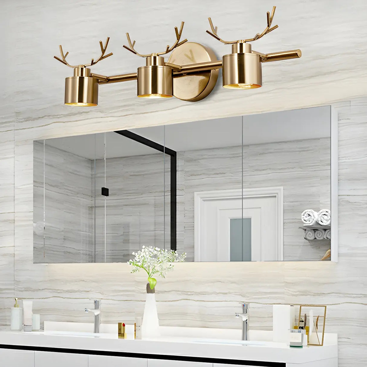 Creative 3-Light Antler and Cylinder Gold Vanity Light Image - 4