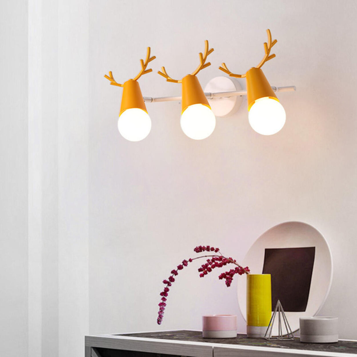 Creative 3-Light Yellow Deer Antler Vanity Wall Light Image - 1