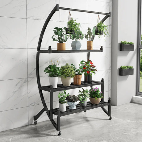 Creative Arched Metal Indoor Sliding Plant Stand Black Image - 1