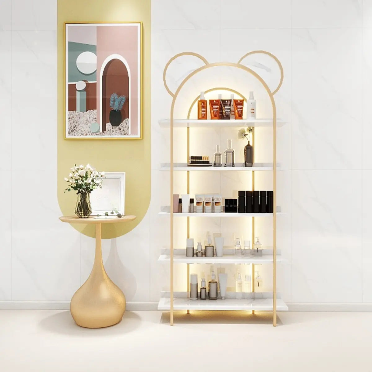 Creative Arched Metal Open Floor Display Cabinet Gold Image - 3