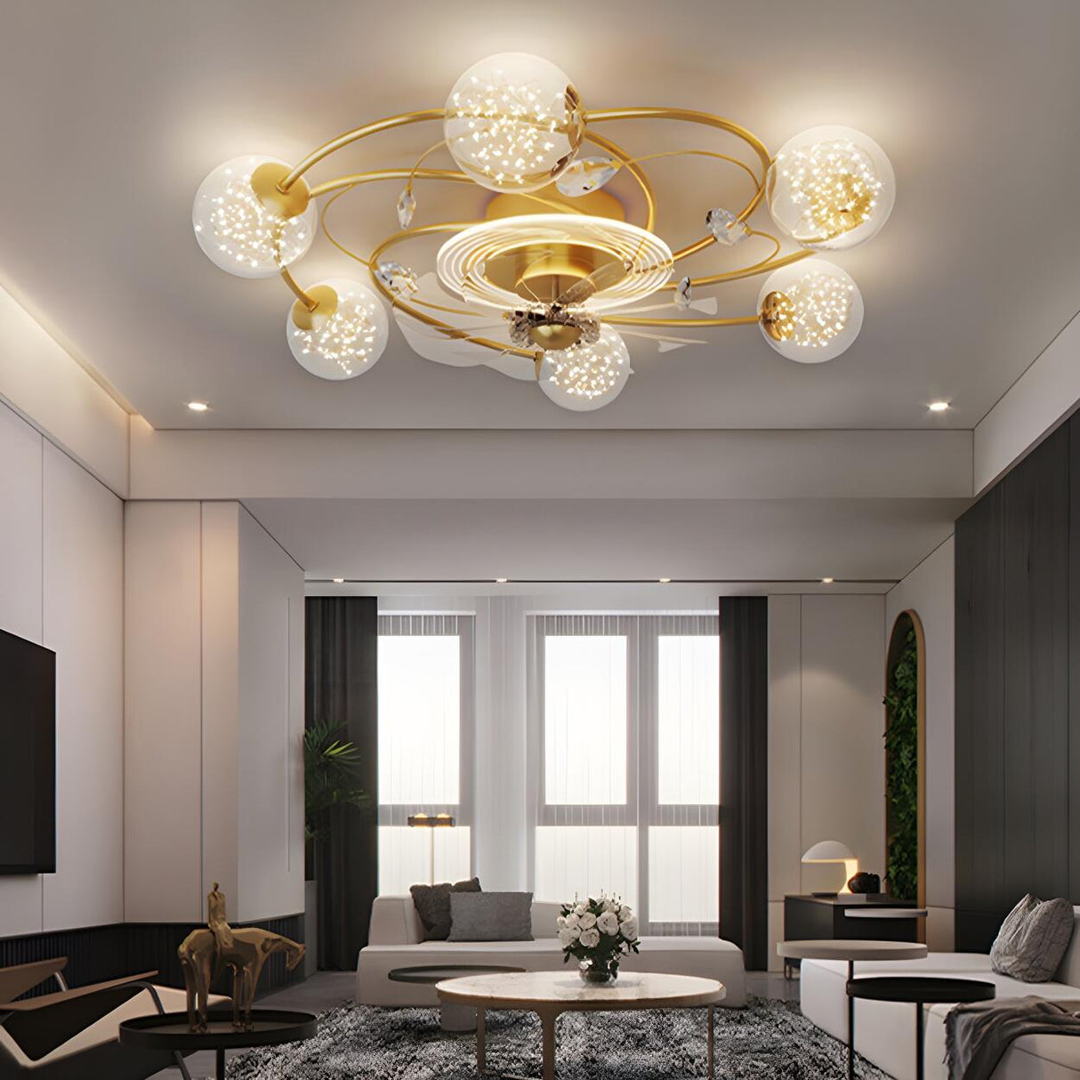 Creative Ball Shade Rotating Ceiling Fan with Light Image - 4