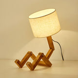 Creative Barrel Fabric Shade Wooden Robot Table Lamp Image - 11