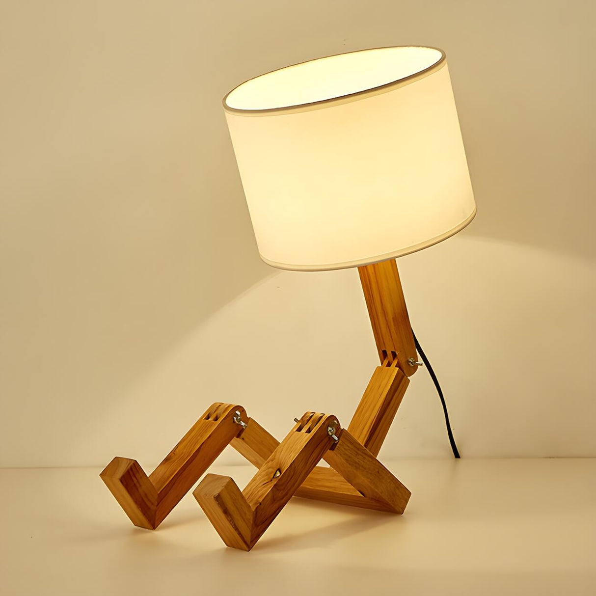 Creative Barrel Fabric Shade Wooden Robot Table Lamp Image - 12