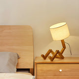 Creative Barrel Fabric Shade Wooden Robot Table Lamp Image - 17