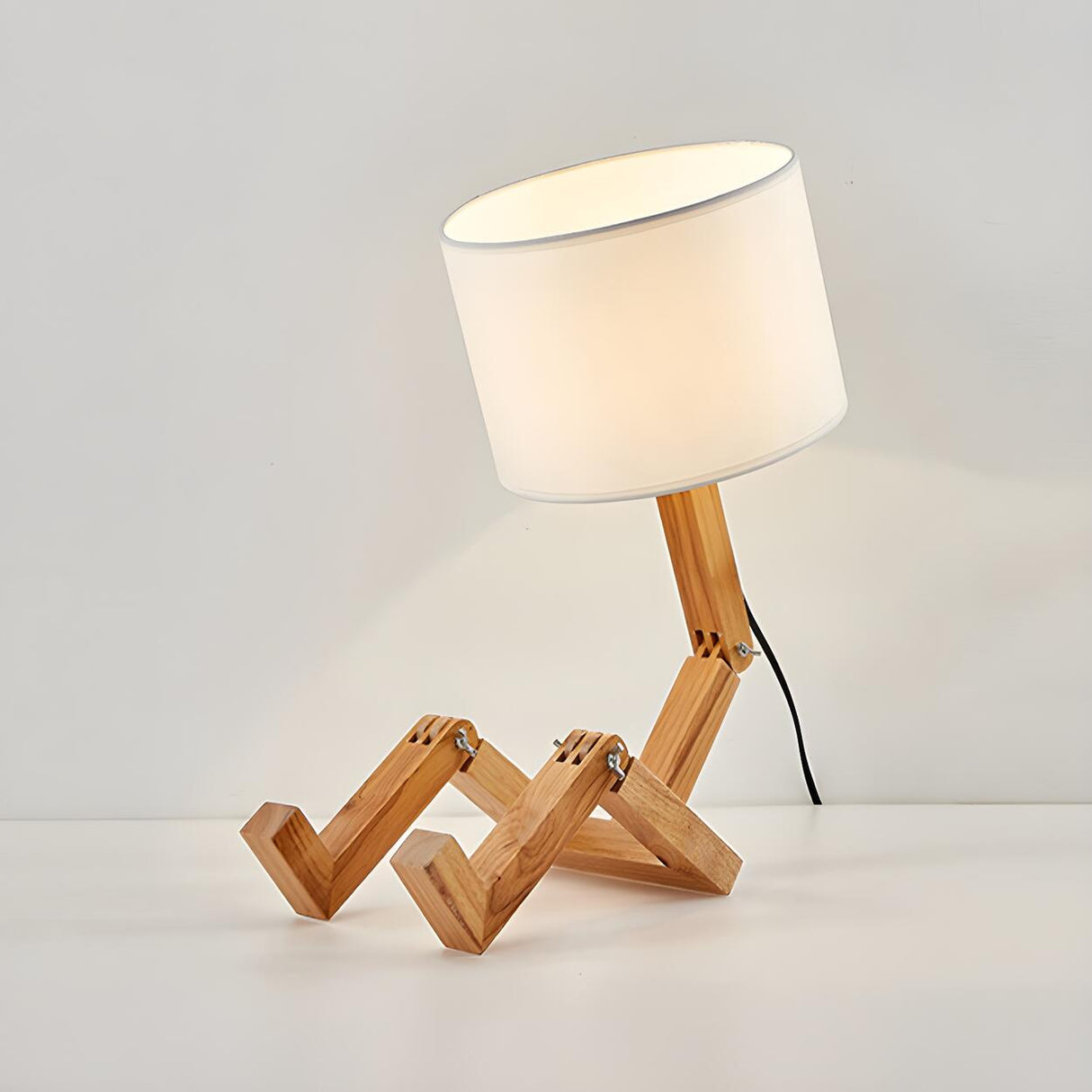 Creative Barrel Fabric Shade Wooden Robot Table Lamp Image - 2