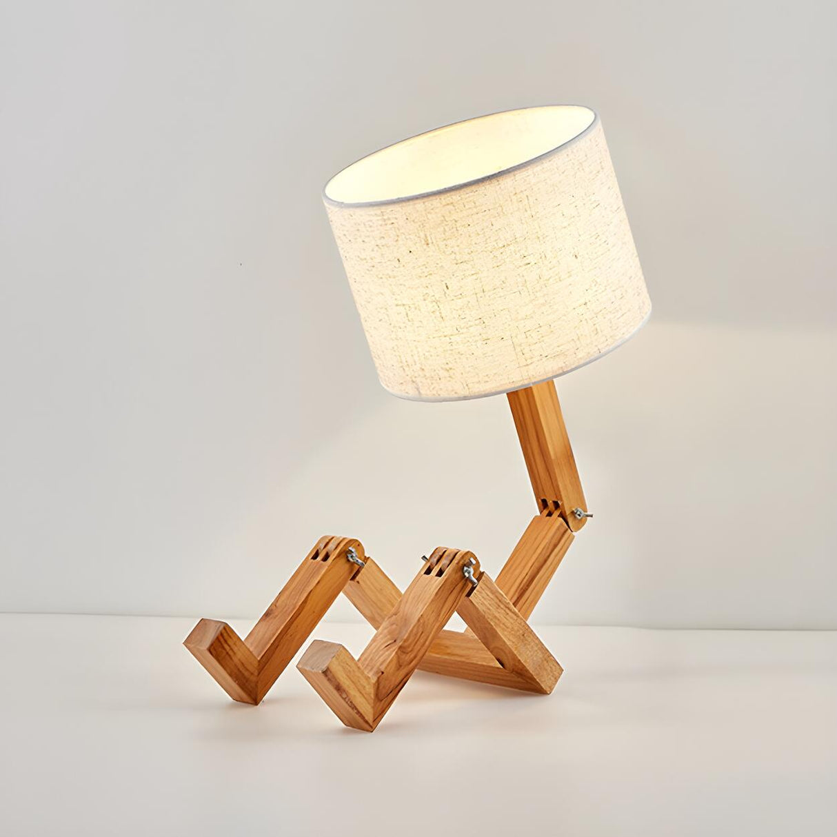 Creative Barrel Fabric Shade Wooden Robot Table Lamp Image - 3