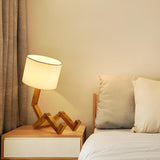 Creative Barrel Fabric Shade Wooden Robot Table Lamp Image - 4