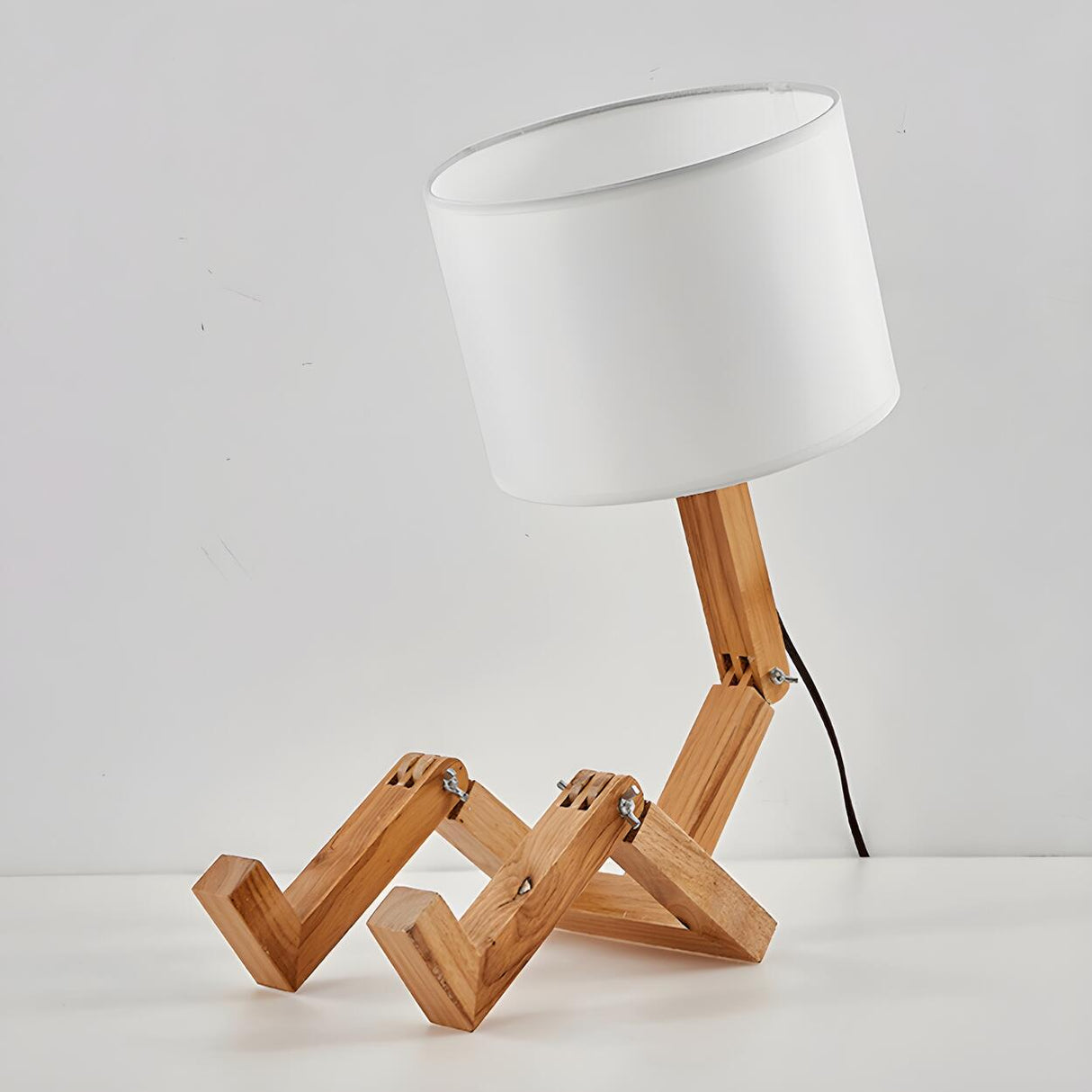 Creative Barrel Fabric Shade Wooden Robot Table Lamp Image - 8