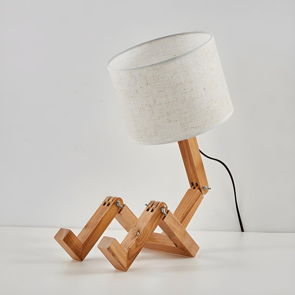 Creative Barrel Fabric Shade Wooden Robot Table Lamp Image - 9