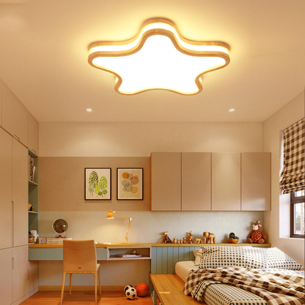 Creative Bedroom Wood Star Flush Mount Ceiling Light Image - 1