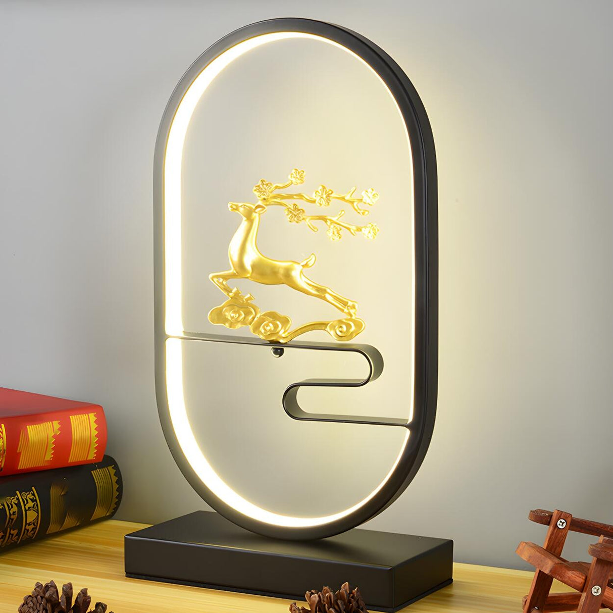 Creative Black Oval Frame Deer Accent LED Table Lamp Image - 1