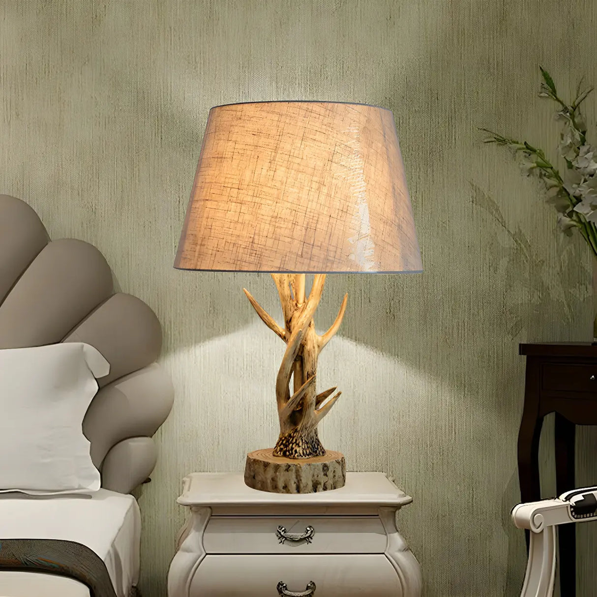 Creative Branch Wood Base Fabric Barrel Table Lamp Image - 1