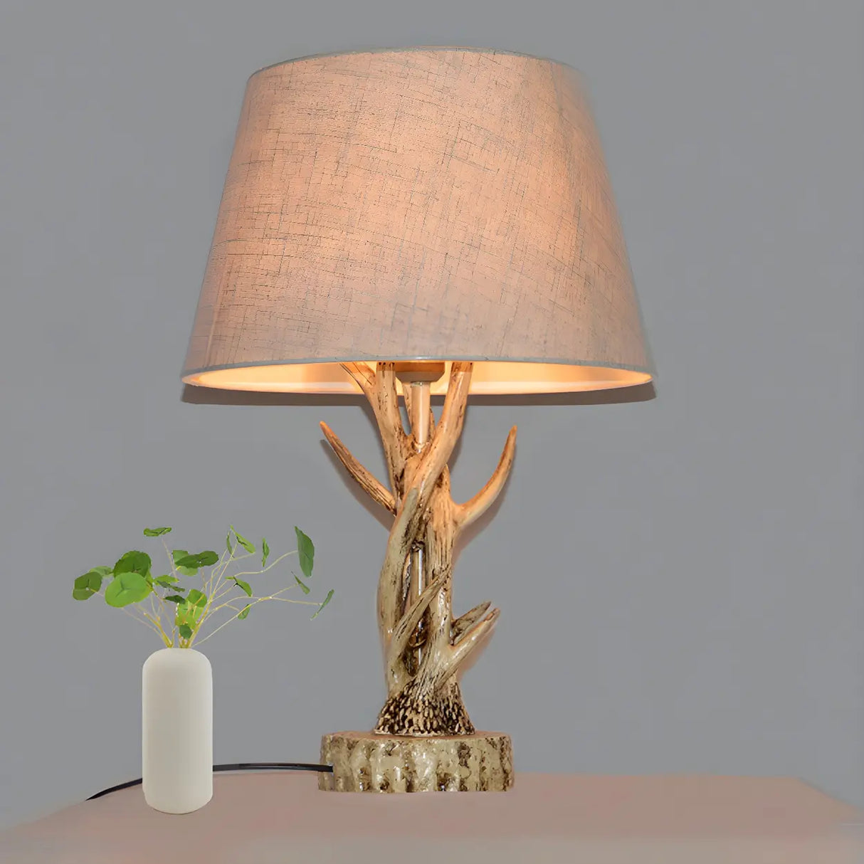 Creative Branch Wood Base Fabric Barrel Table Lamp Image - 2