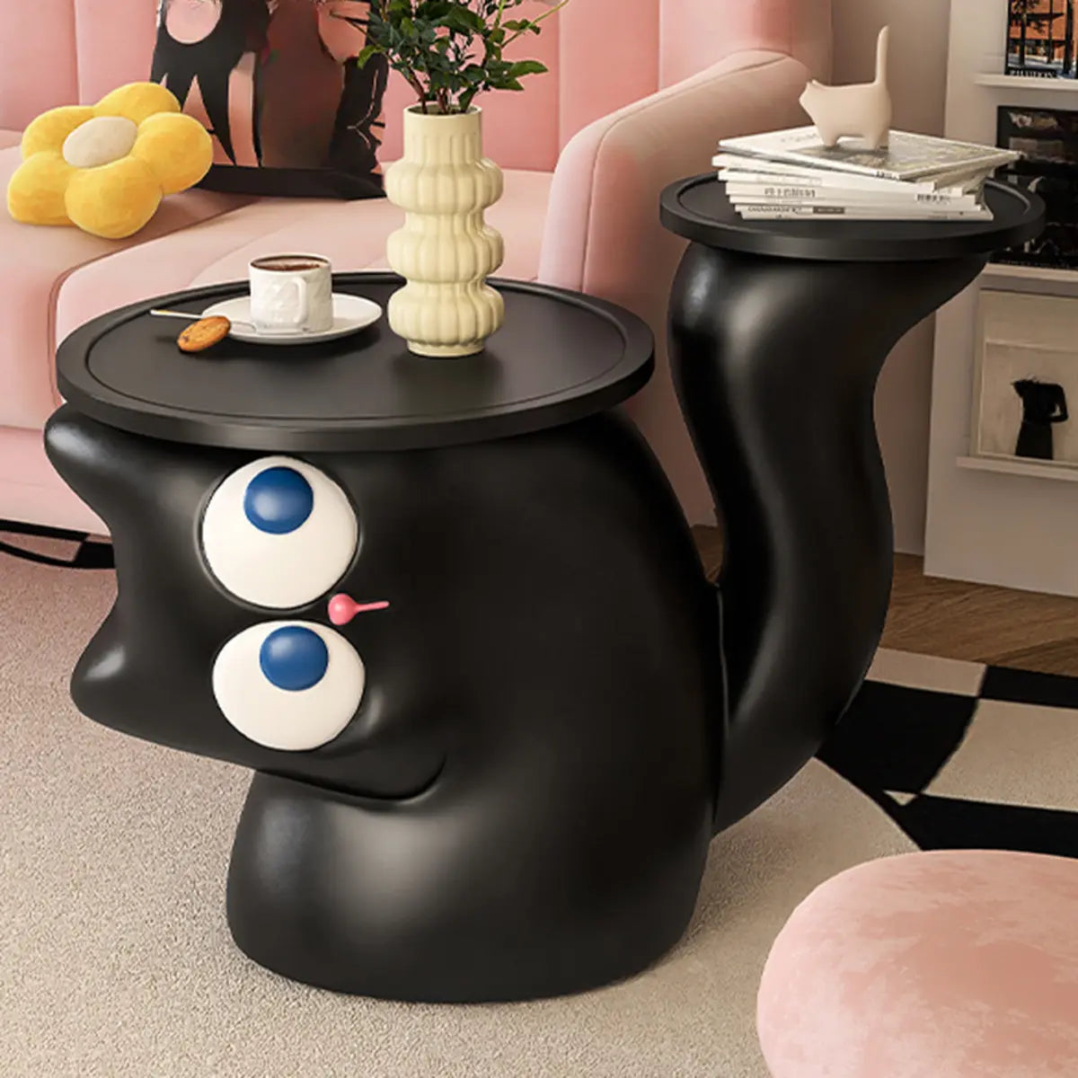 Creative Circular Black Cat-Shaped Resin End Table Image - 3