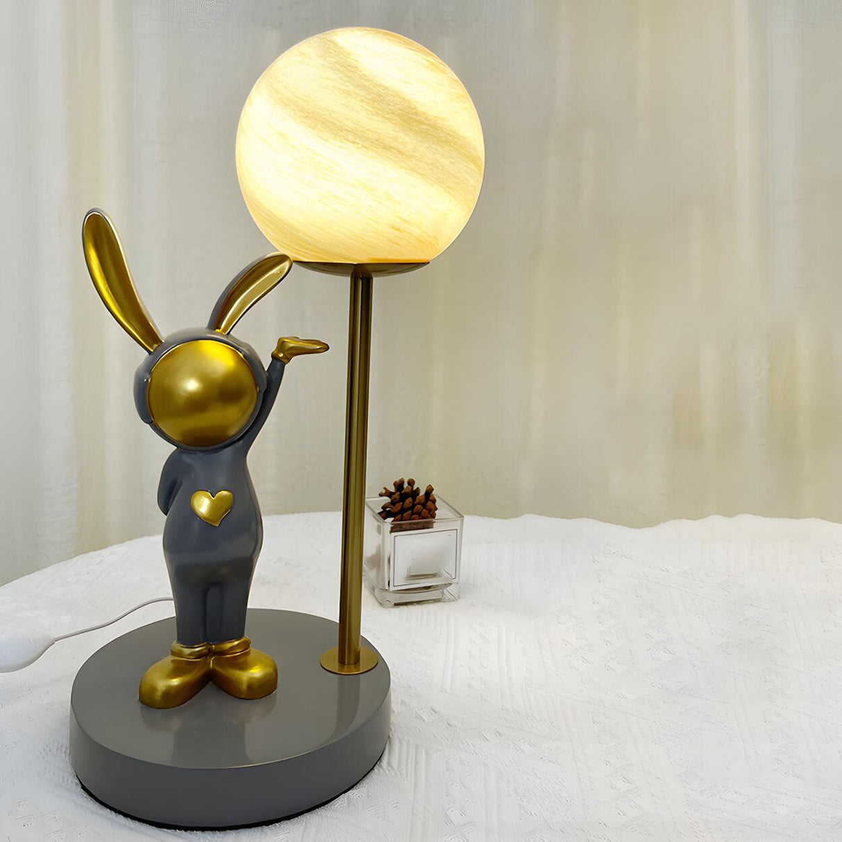 Creative Cute Rabbit Globe Glass Shade Metal Table Lamp Image - 2