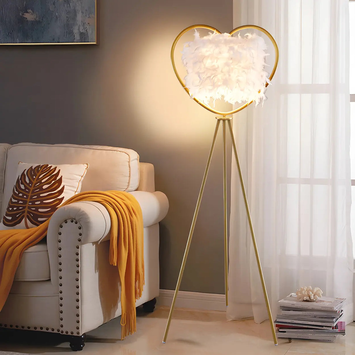 Creative Gold Heart Tripod Feather and Metal Floor Lamp Image - 1