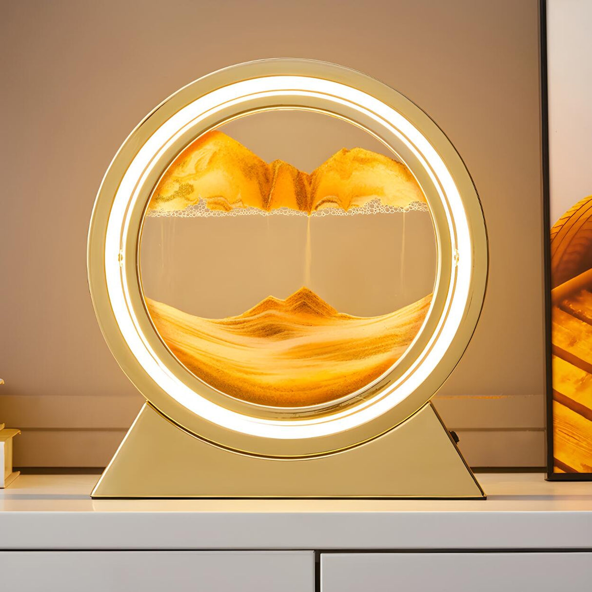 Creative Golden Sand Art LED Circular Decor Table Lamp Image - 1