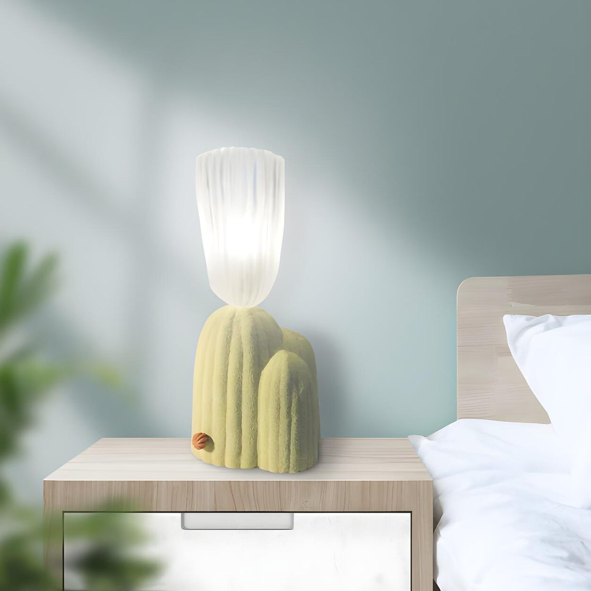 Creative Green Cactus Glass Shade Resin Table Lamp Image - 3