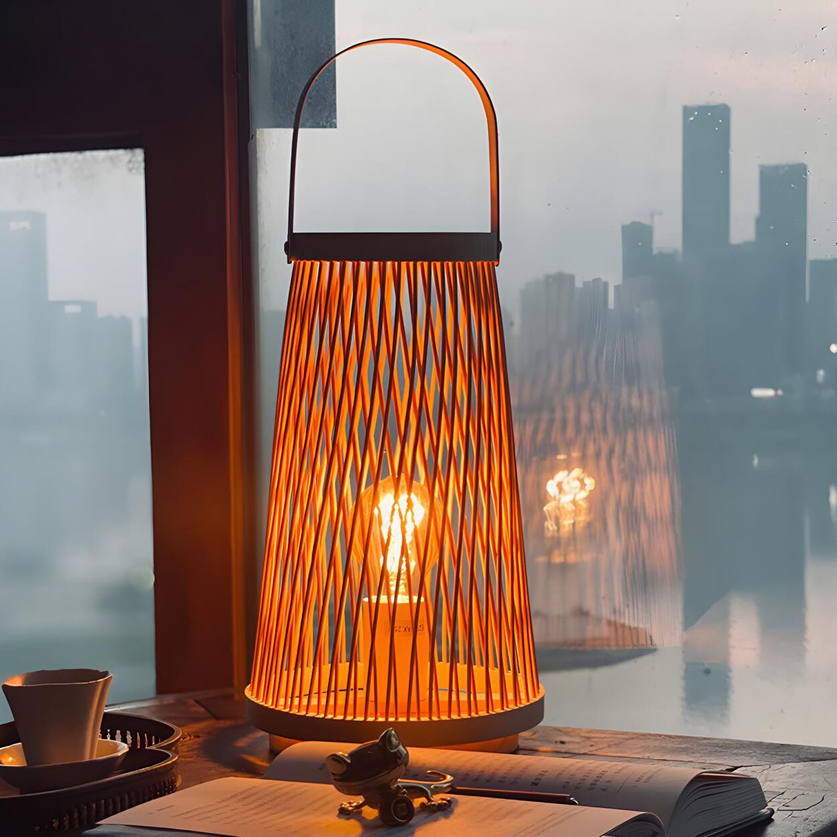 Creative Hand-Woven Bamboo Cage Shade Wooden Table Lamp Image - 1