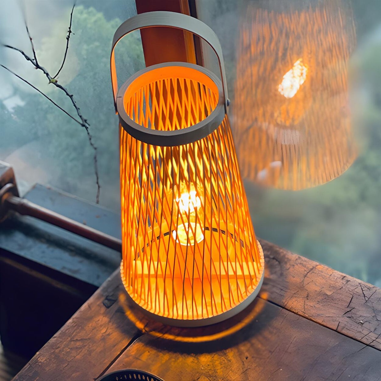 Creative Hand-Woven Bamboo Cage Shade Wooden Table Lamp Image - 13