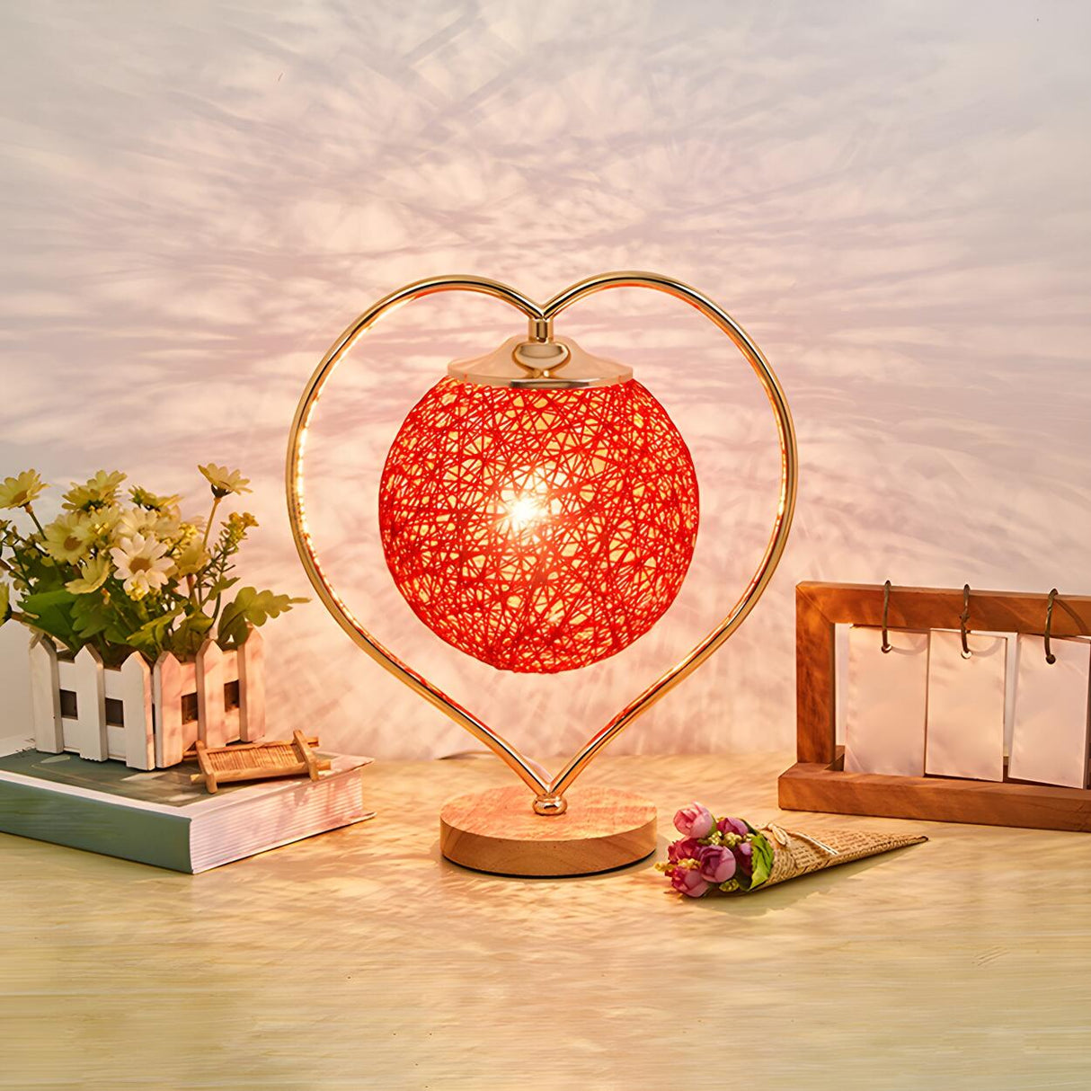 Creative Heart Red Woven Ball Modern Decor Table Lamp Image - 1