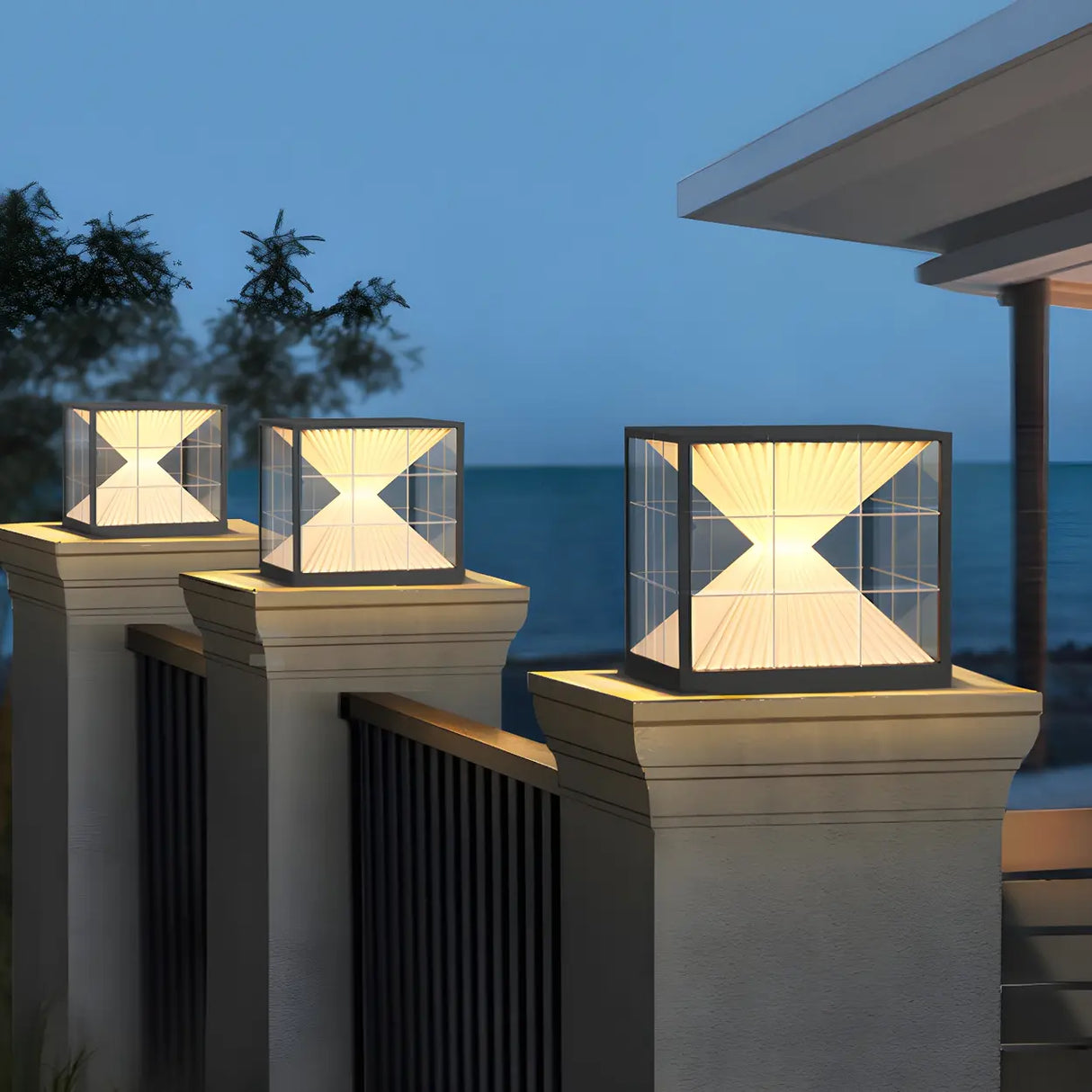 Creative Hourglass Cube Metal Outdoor LED Post Light Image - 12