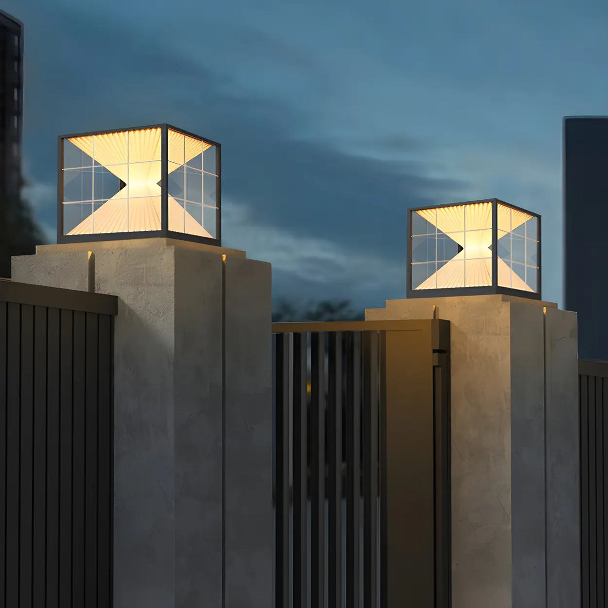 Creative Hourglass Cube Metal Outdoor LED Post Light Image - 3