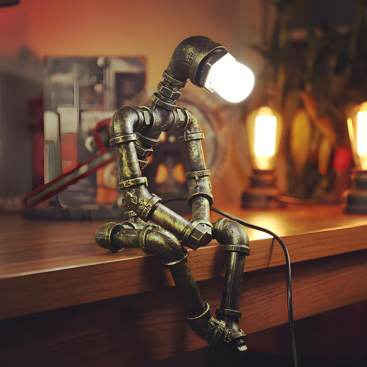 Creative Industrial Robot Warm Light Bronze Table Lamp Image - 3