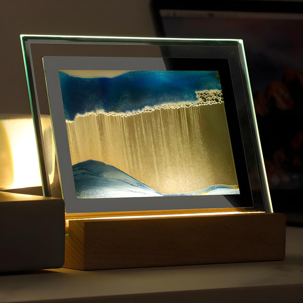 Creative Sand Art Rectangular Wood Decor Table Lamp Image - 5