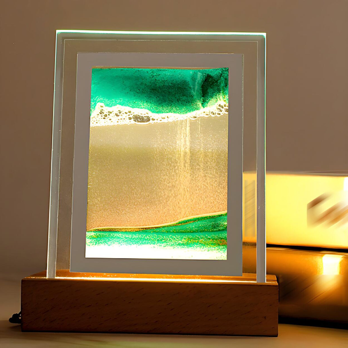 Creative Sand Art Rectangular Wood Decor Table Lamp Image - 6