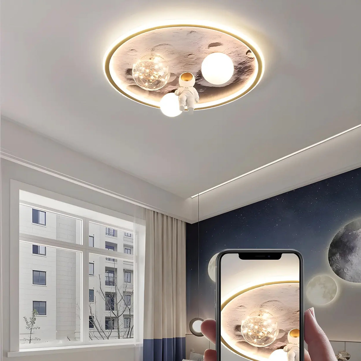 Creative Space Astronaut Round Gold Flush Mount Light Image - 11