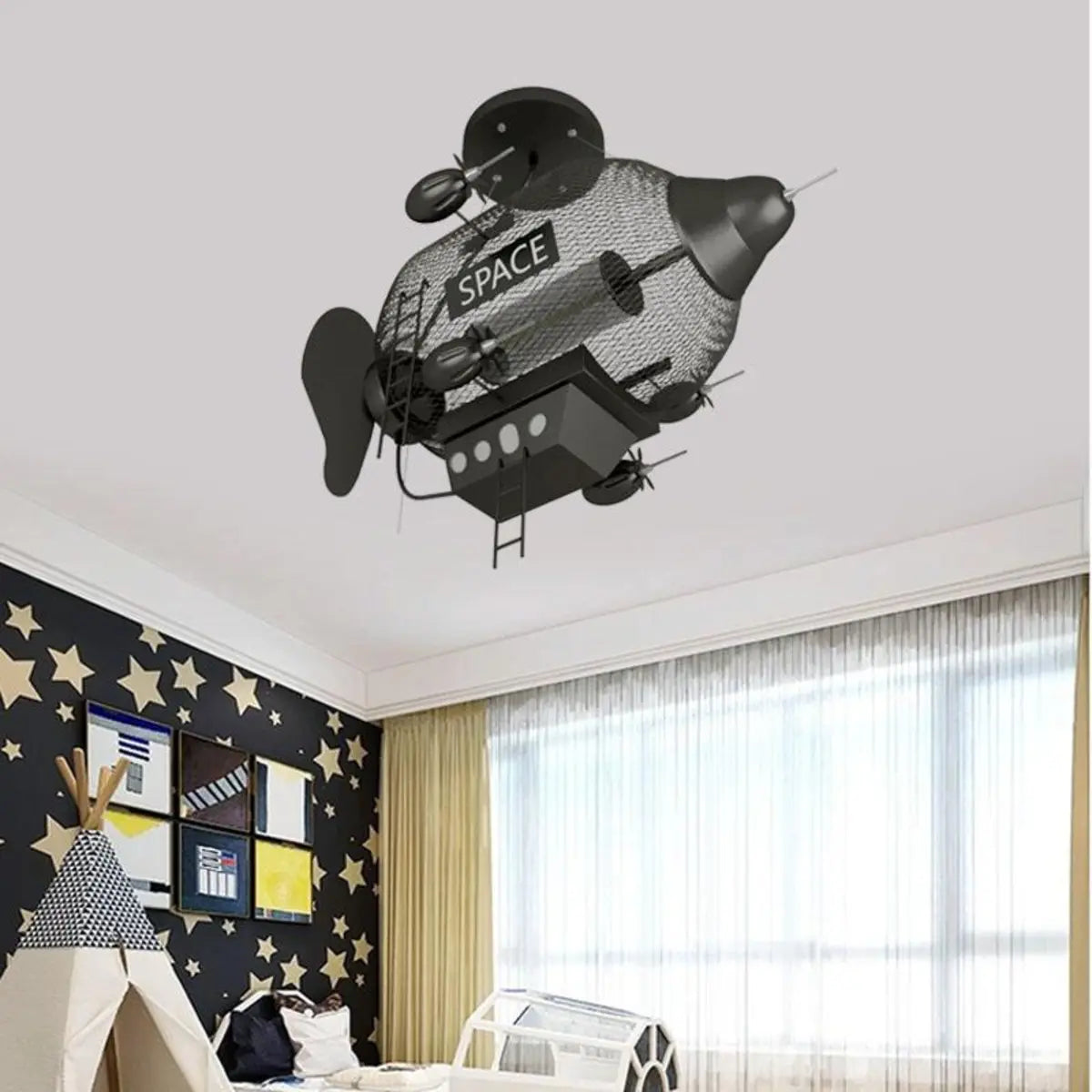 Creative Spaceship Metal Kids Room Black Large Chandelier Image - 2