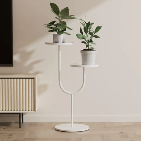 Creative U-Shaped 2 Tray Metal Floor Plant Stand White Image - 1