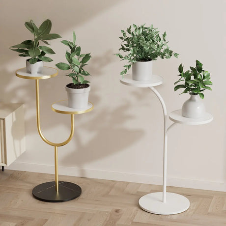 Creative U-Shaped 2 Tray Metal Floor Plant Stand White Image - 2