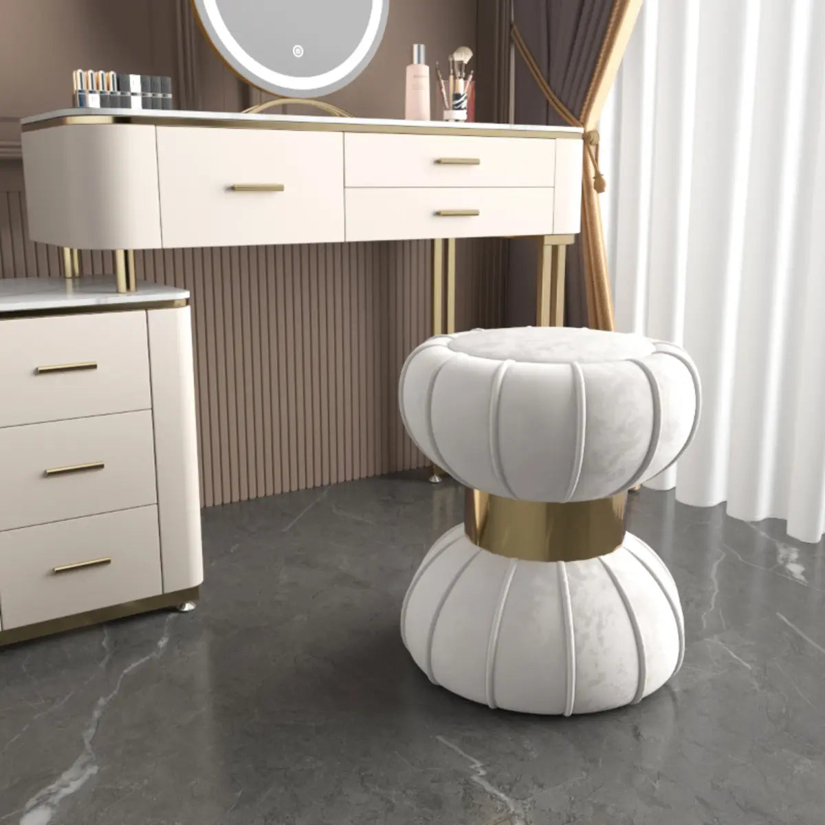 Creative White Drum Velvet Upholstered Vanity Accent Stool Image - 1