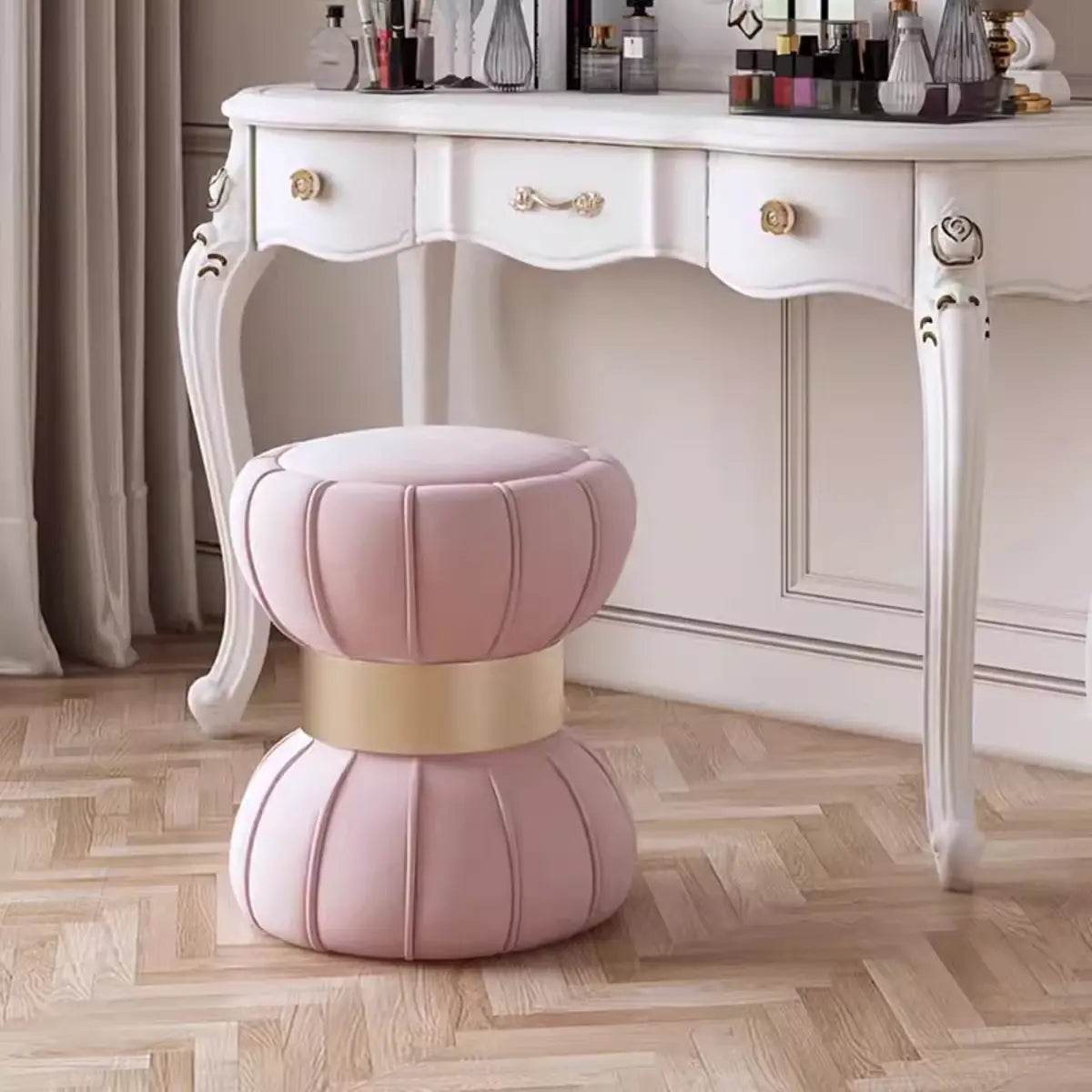 Creative White Drum Velvet Upholstered Vanity Accent Stool Image - 3