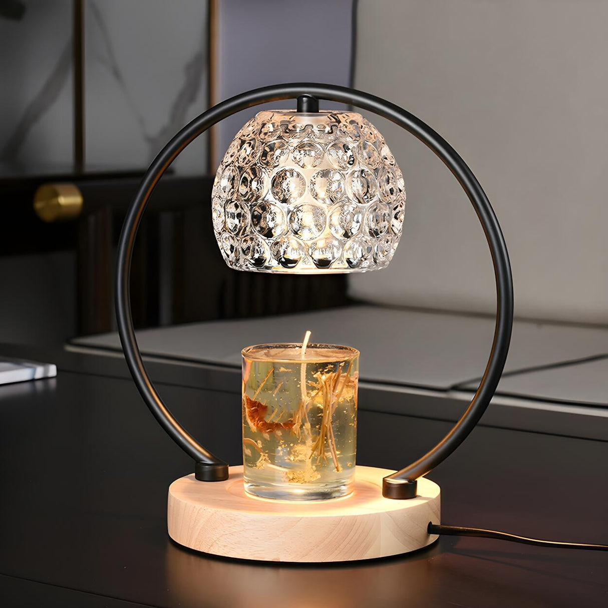 Creative Wooden Base Spherical Glass Shade Table Lamp Image - 1