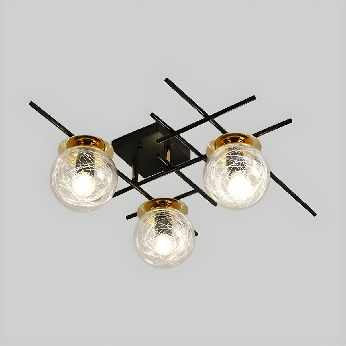 Cross Pole Glass Globe Semi-Flush Mount Light 3-Light Image - 7