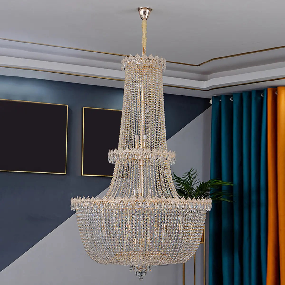 Crystal Beads Gold Tiered Empire Large Foyer Chandelier Image - 11