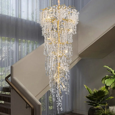 Crystal Branch Tiered Gold Long Adjustable Foyer Chandelier Image - 1