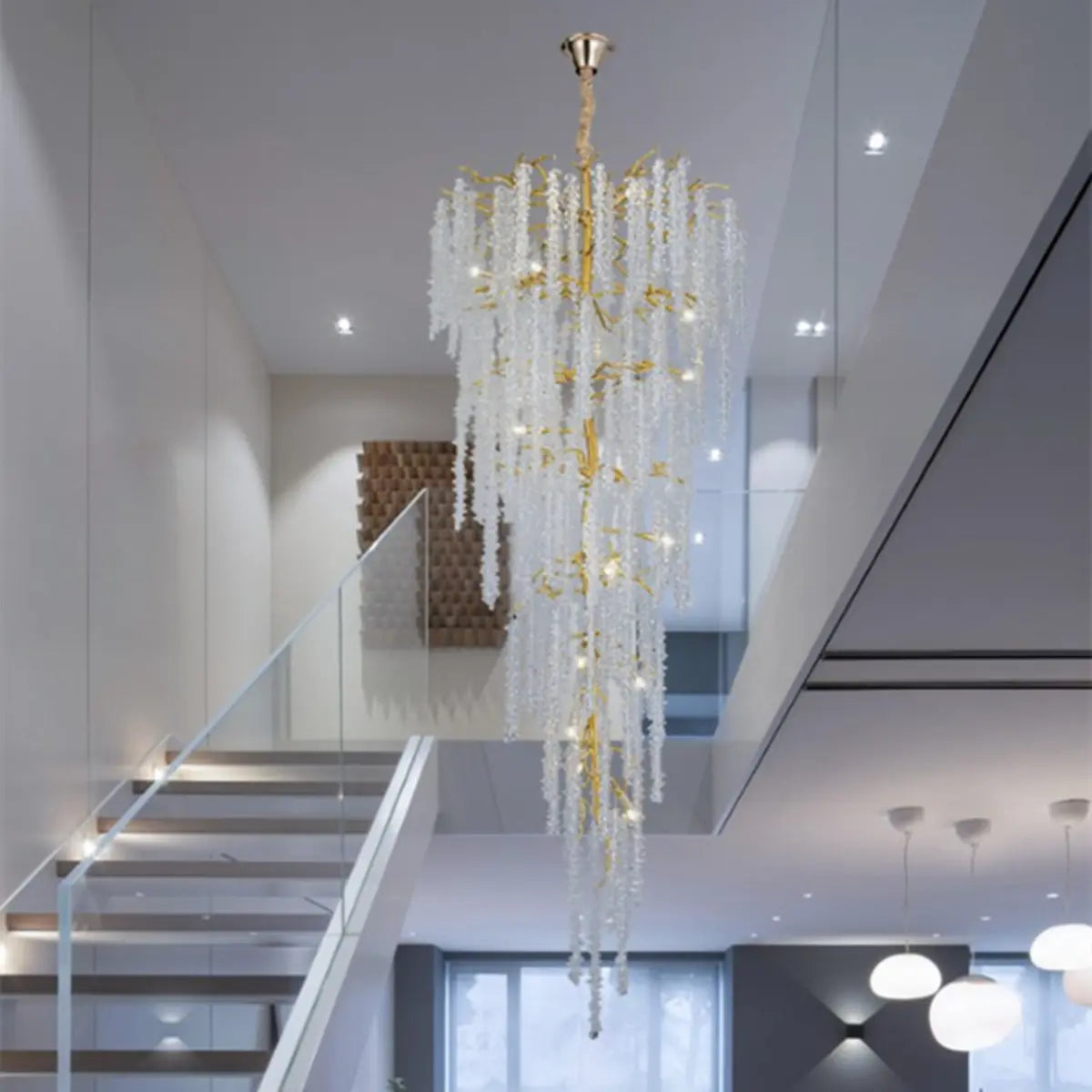 Crystal Branch Tiered Gold Long Adjustable Foyer Chandelier Image - 4