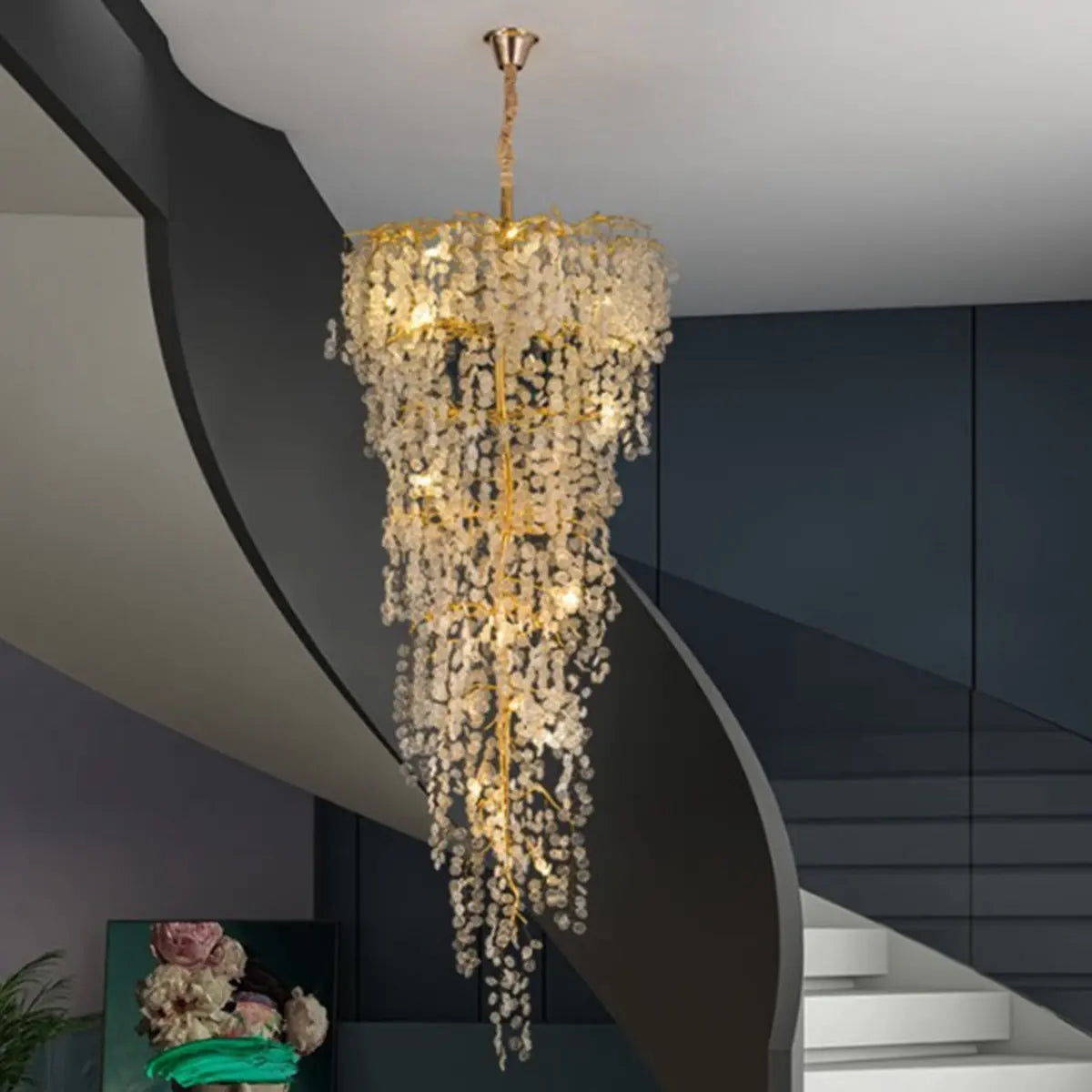 Crystal Branch Tiered Gold Long Adjustable Foyer Chandelier Image - 6