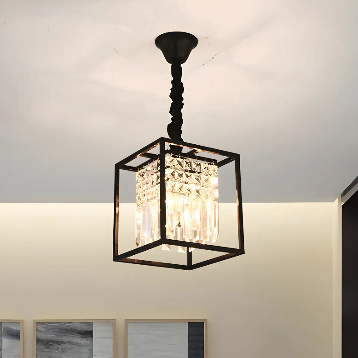 Crystal Square Black Metal Small 3-Light Foyer Chandelier Image - 2