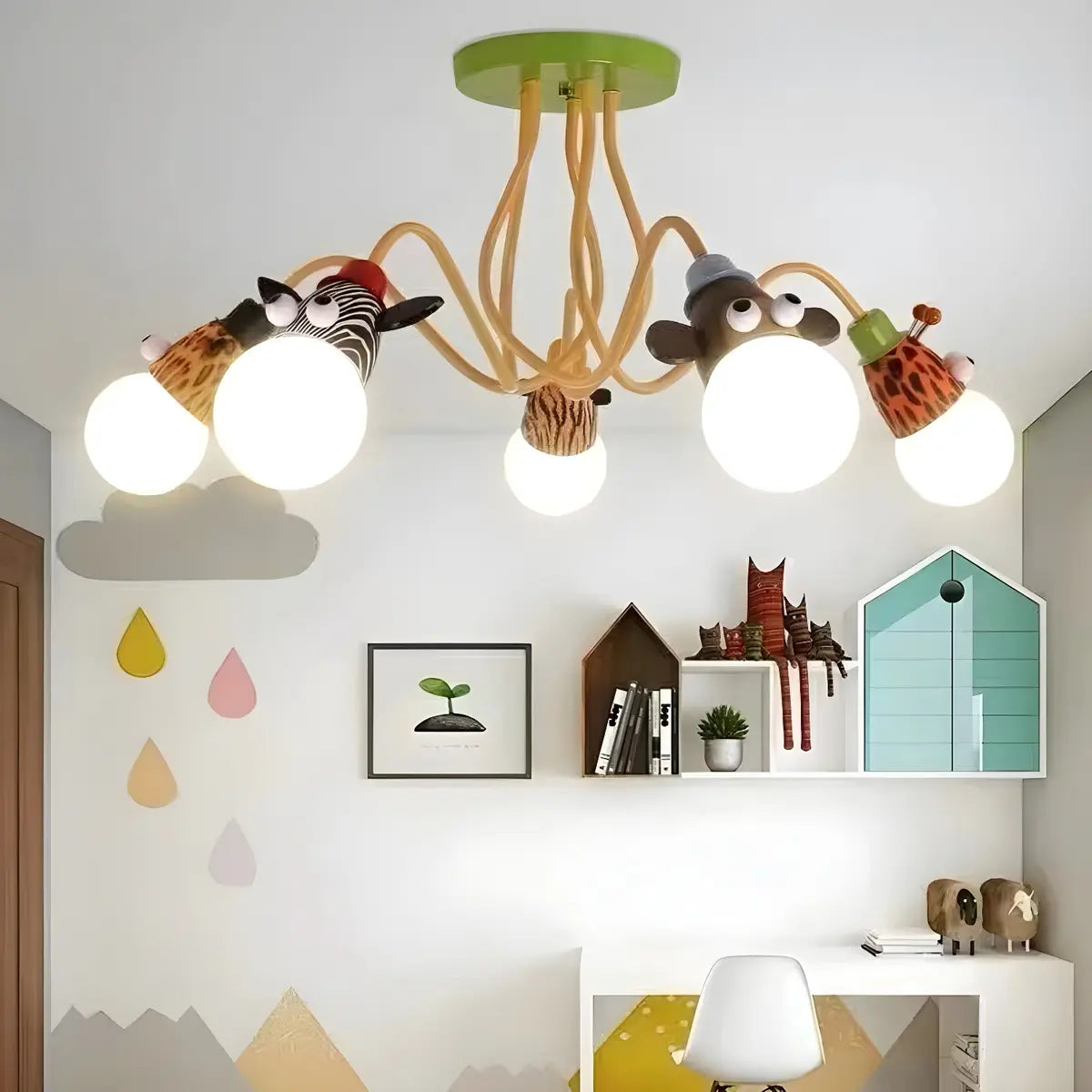 Curve Arm Animal Ball Metal Kids Room Colorful Chandelier Image - 3