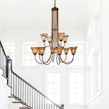 Curve Arm Cone Brown Glass Multi-Light Foyer Chandelier Image - 1