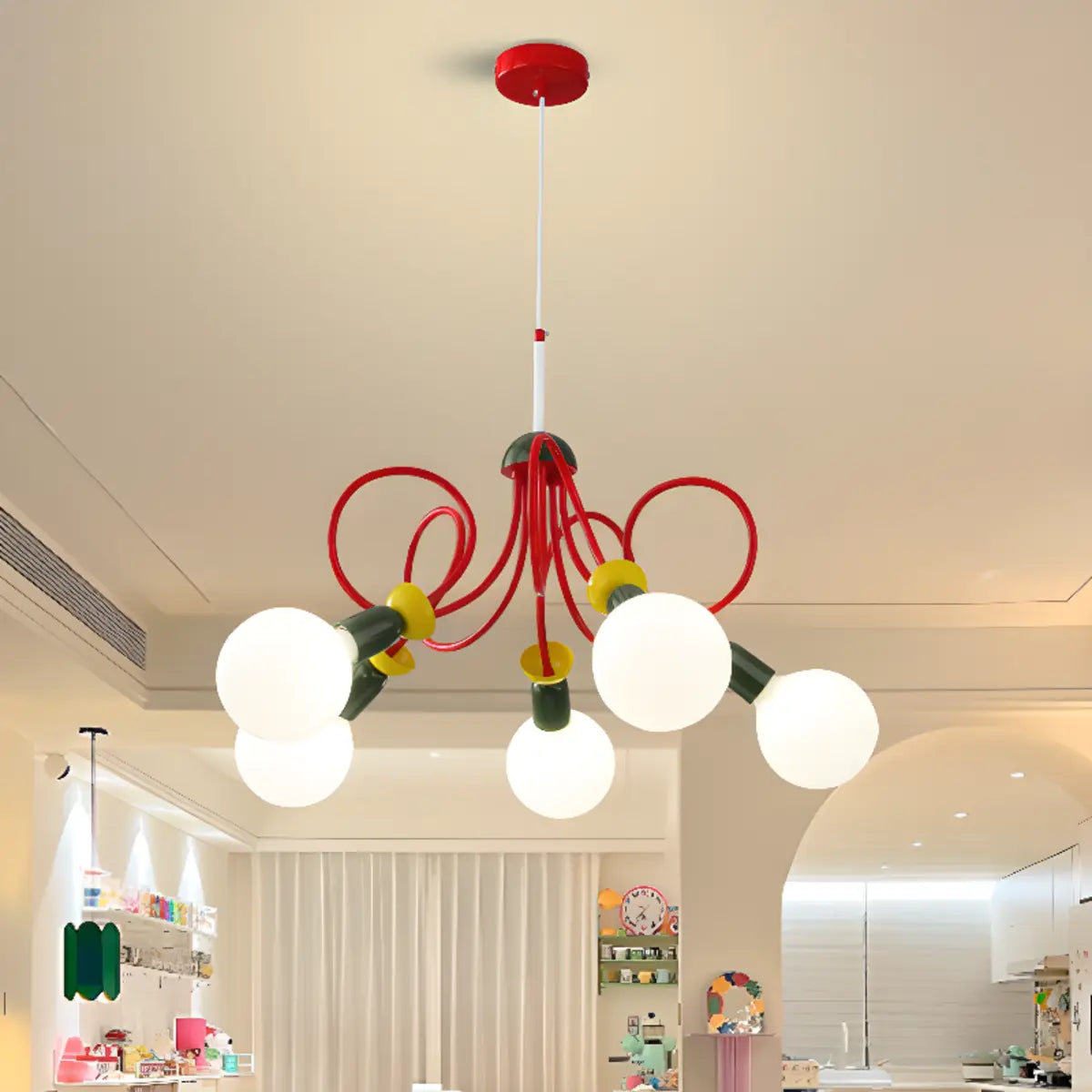 Curve Line Ball Red Adjustable Height Kids Room Chandelier Image - 1