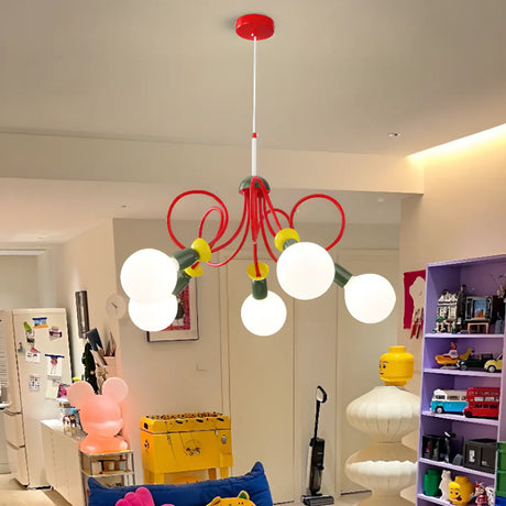 Curve Line Ball Red Adjustable Height Kids Room Chandelier Image - 2